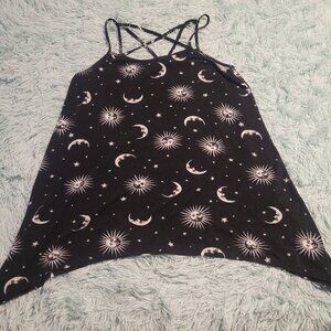 Sun Moon & Stars Print Tank Top Crossed Straps Sleeveless Crew Neck Black Size S